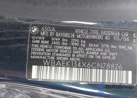 2006 BMW 650I from USA, damaged, VIN WBAEK134X6CN78826